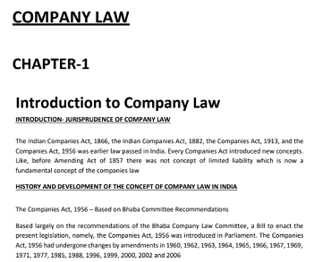 Study Notes - Introduction To Company Law Chapter-1 - Mangalam Placement